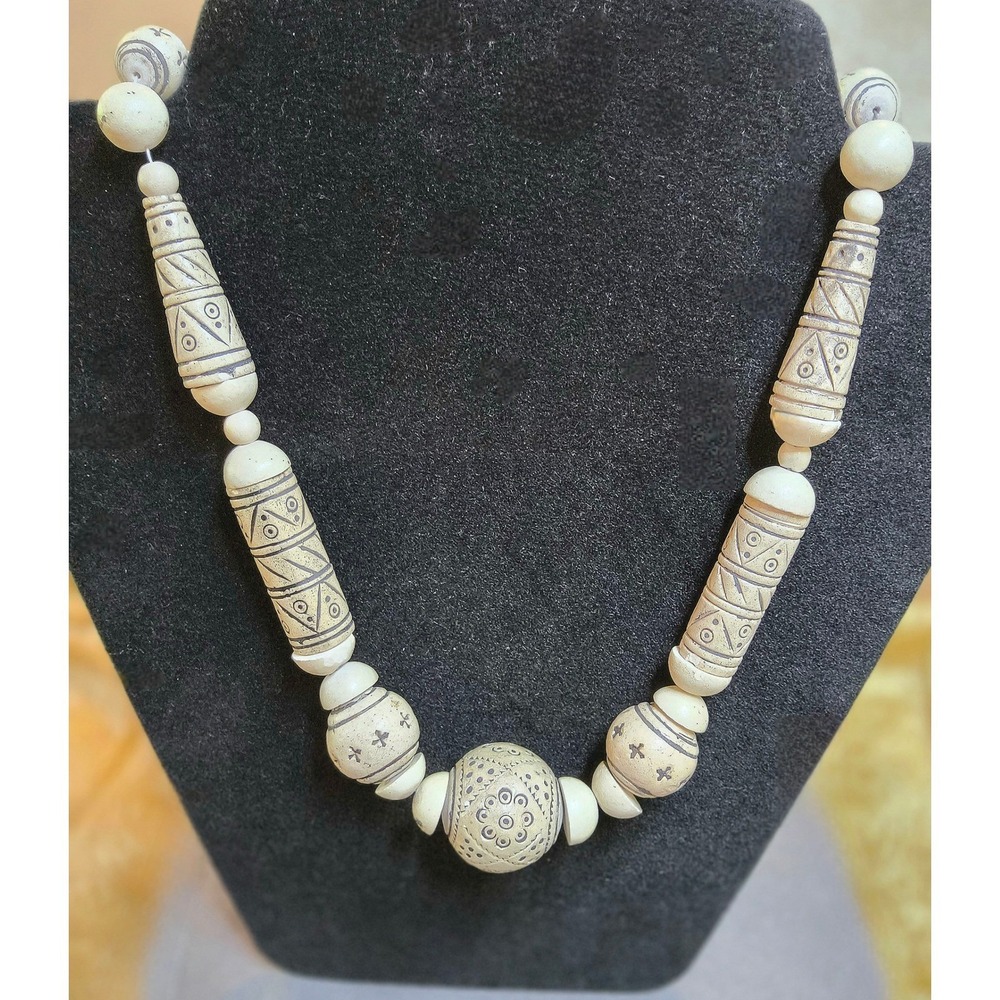 Vintage Hand Carved Bone Tribal Statement Necklace Boho African 21"